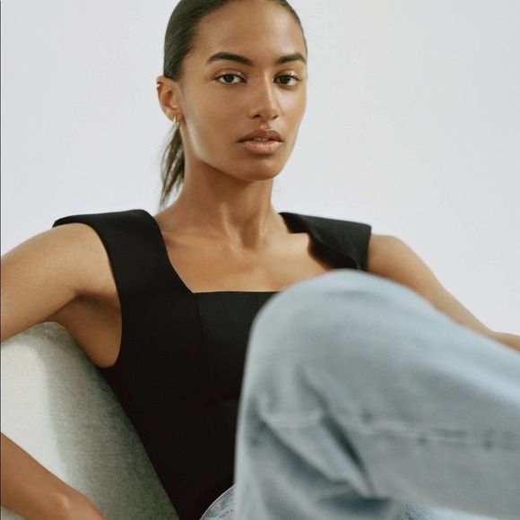 Zara Black  Bodysuit square neckline With Shoulder pads NWT Size Small - Picture 4 of 6